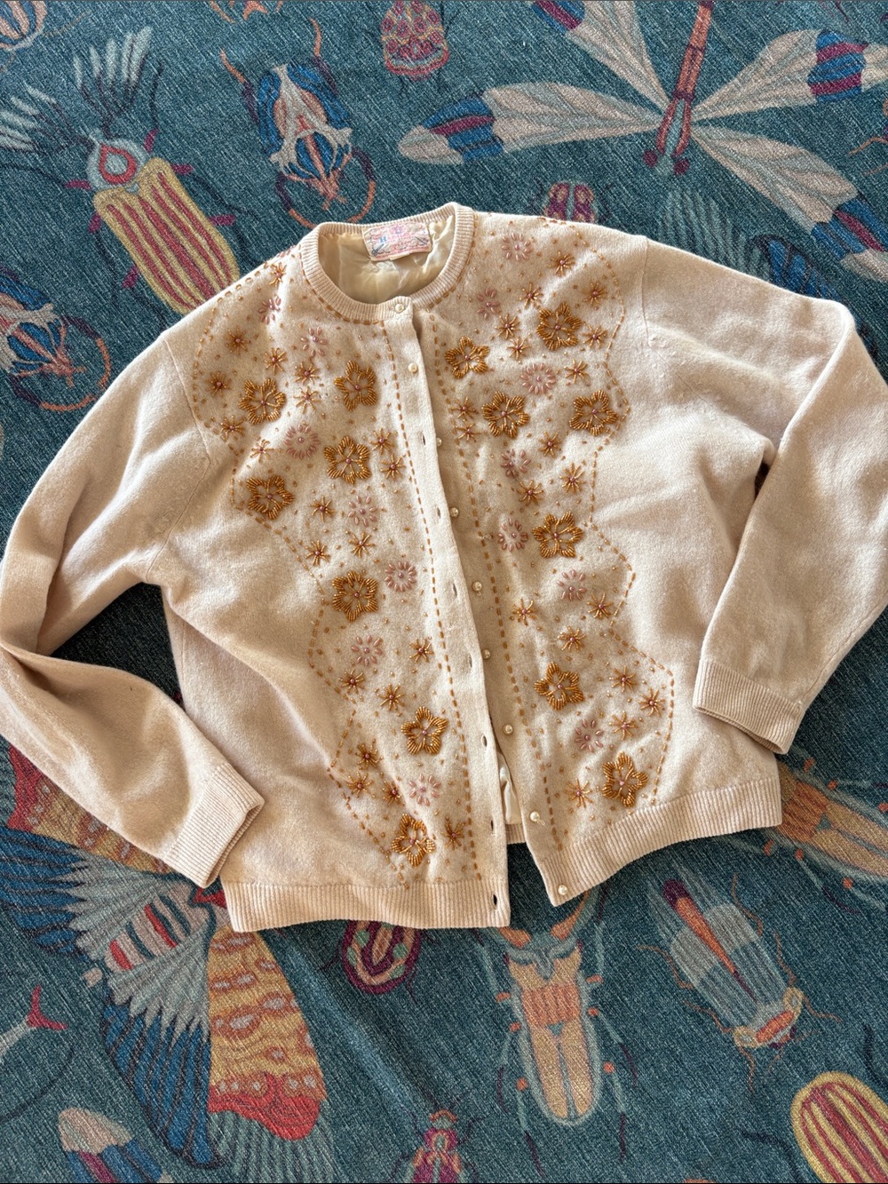 Vintage 50’s Beaded Harilela’s Floral Cardigan Sweater - Cream M / L